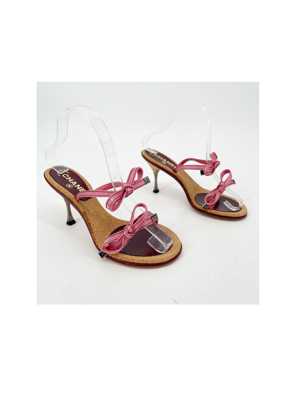 Chanel Vintage Pink Double Strap Satin Bow Cork Sole Slide Sandal Heels EU 38